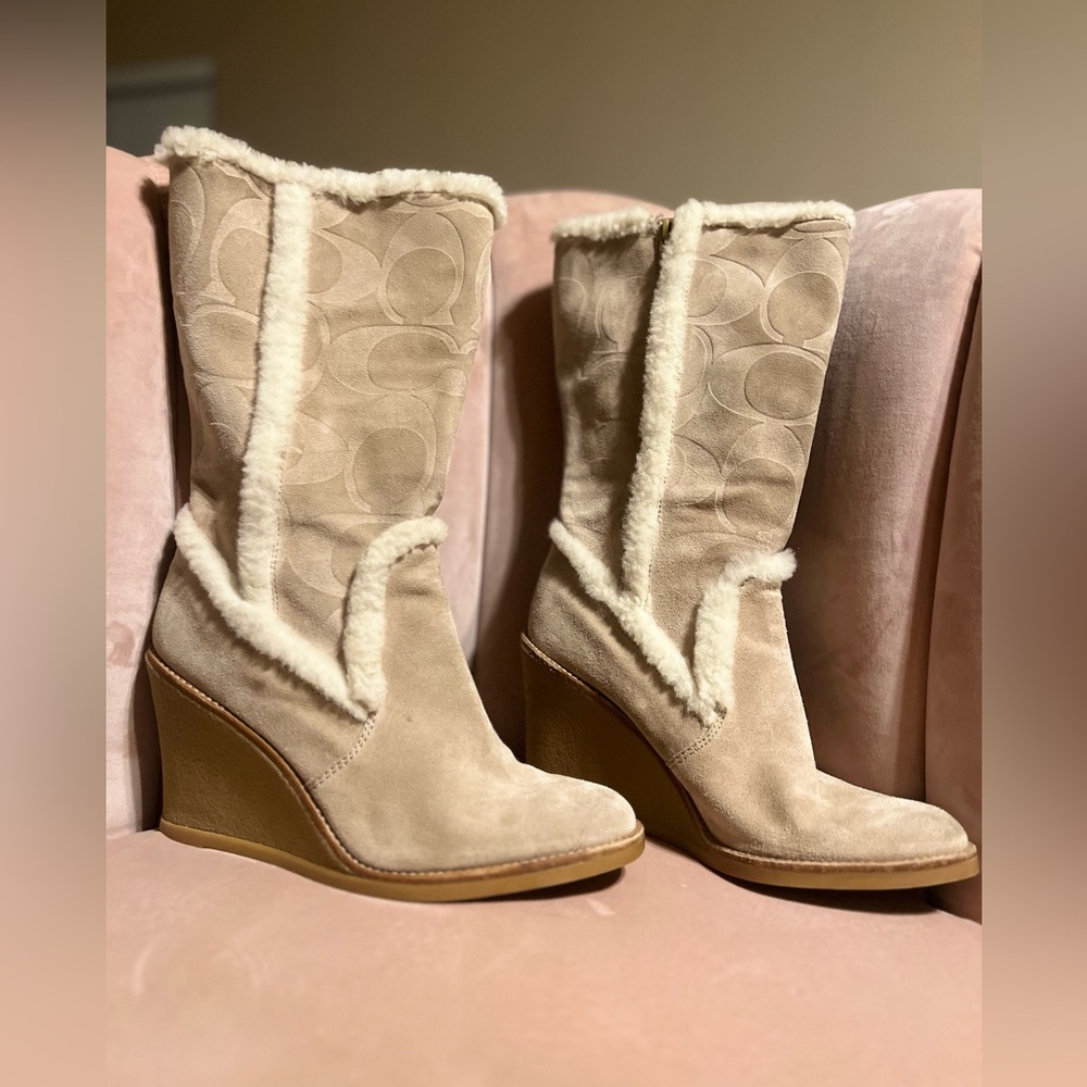 Coach Beige Heeled Boots with Shearling Trim - Picture 2 of 13
